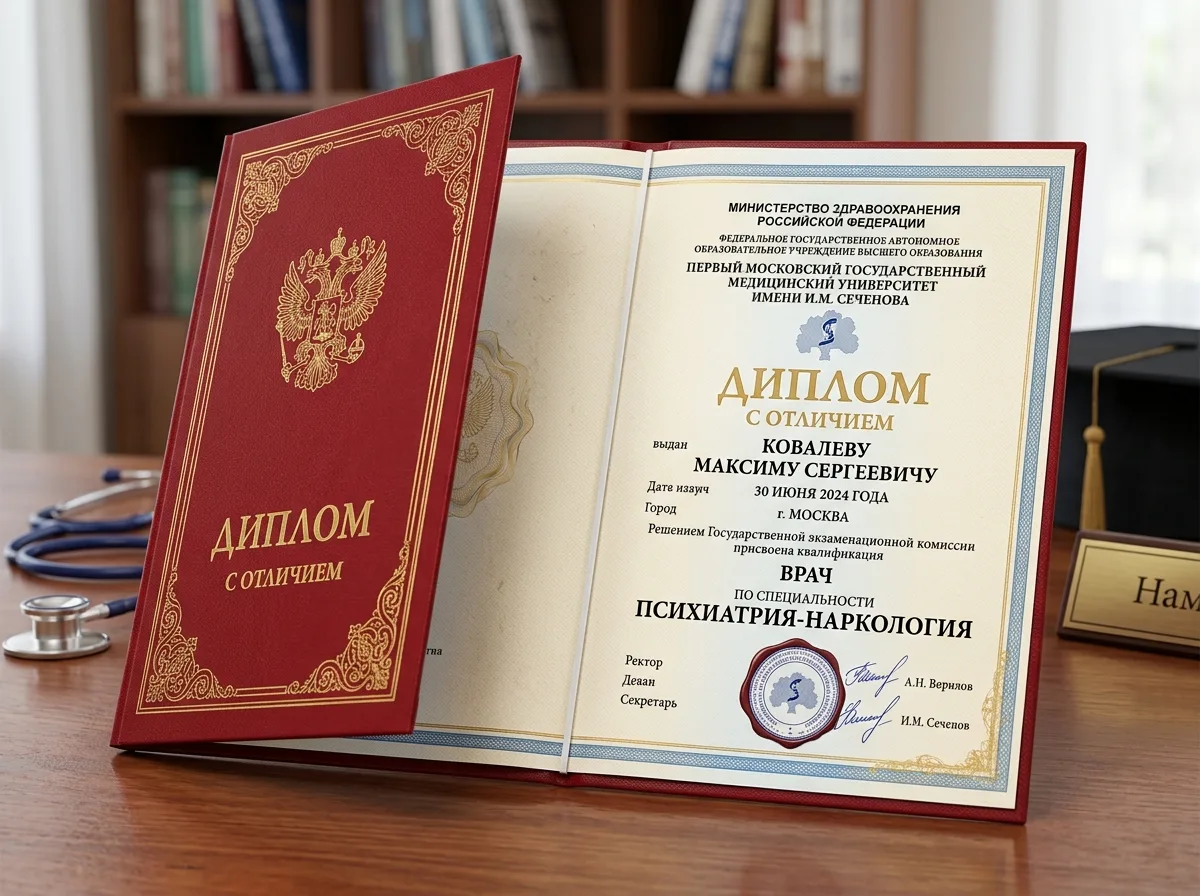 Диплом о высшем медицинском образовании врача-нарколога, специальность Психиатрия-наркология, Первый МГМУ им. Сеченова, красный диплом